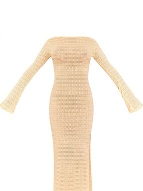 PrettyLittleThing Beige Textured Maxi Dress with Flared Sleeves